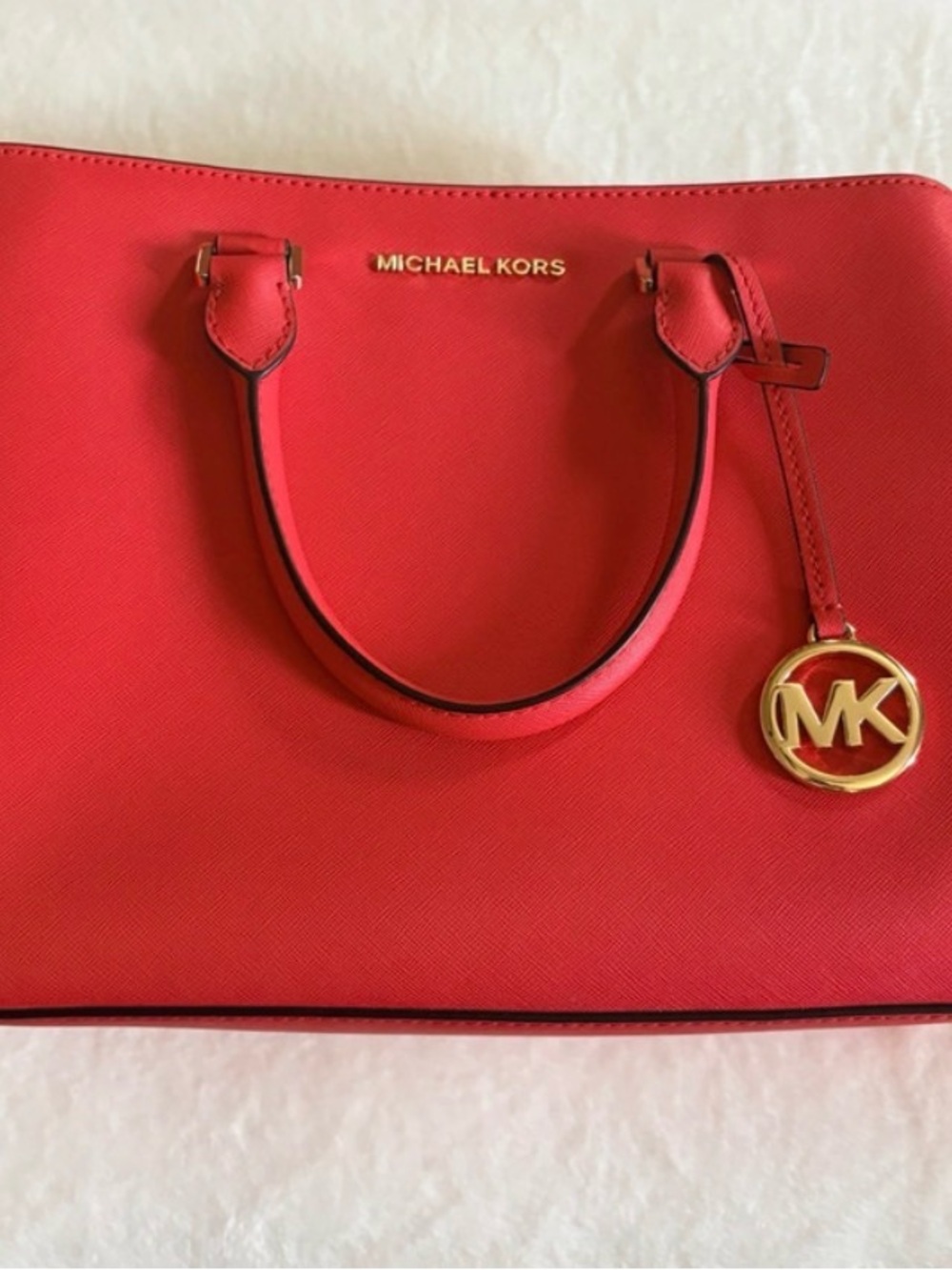 Michael Kors Red Saffiano Tote with Gold MK Charm